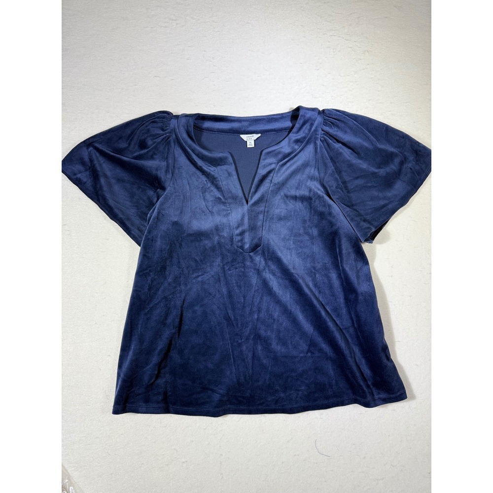 Crown Ivy Womens Velvet V Neck Flutter Sleeve Top Navy Blue XL